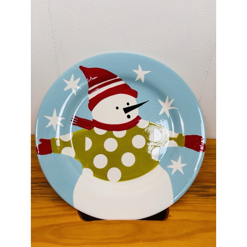 Vtg Snowman Plate Blue Snowman 8.5" Thick Painted Ceramic by BW Next‎